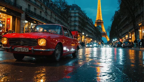 upscale-ArealisticimageofaredcaronthestreetsofParisatnight_1713712212-1713720549.webp